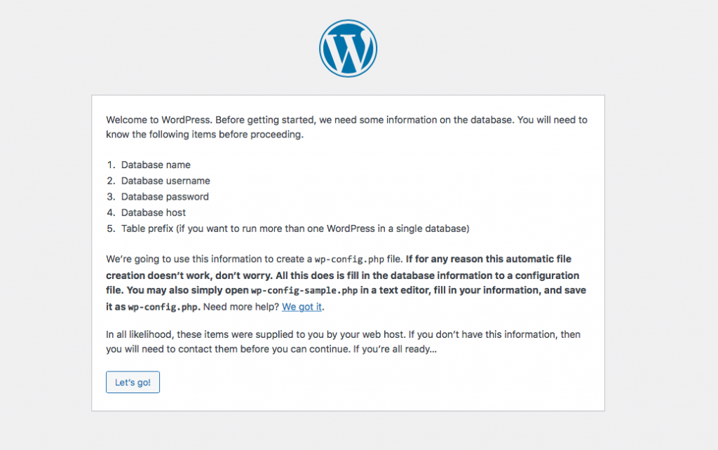 WordPress welcome page.