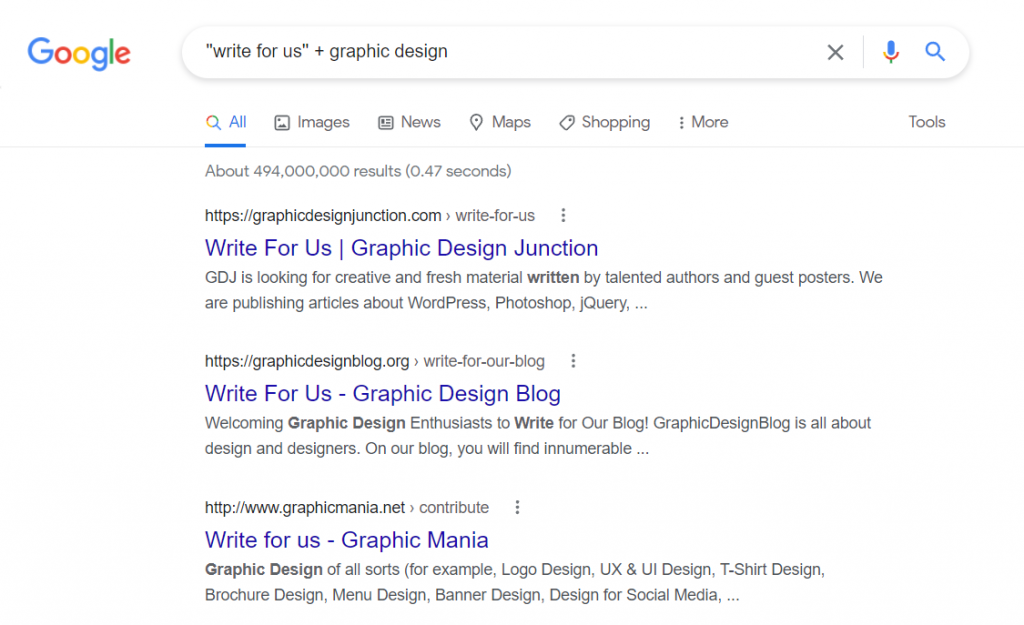 Searching guest blog opportunities by typing "write for us" + topic on Google
