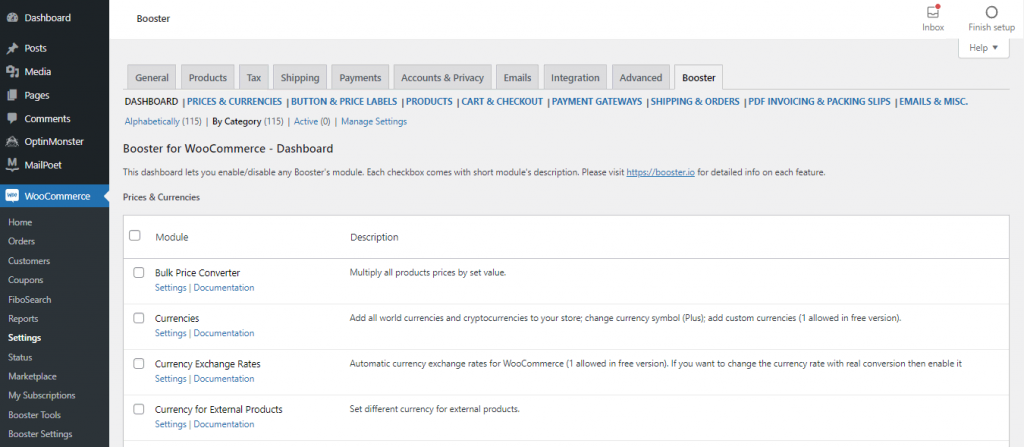 Booster for WooCommerce's settings page on the WordPress dashboard, showing the plugin's features