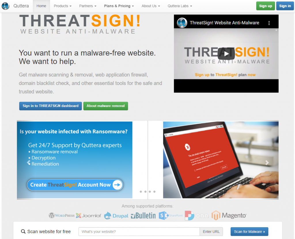 Quttera ThreatSign! Website Anti-Malware homepage