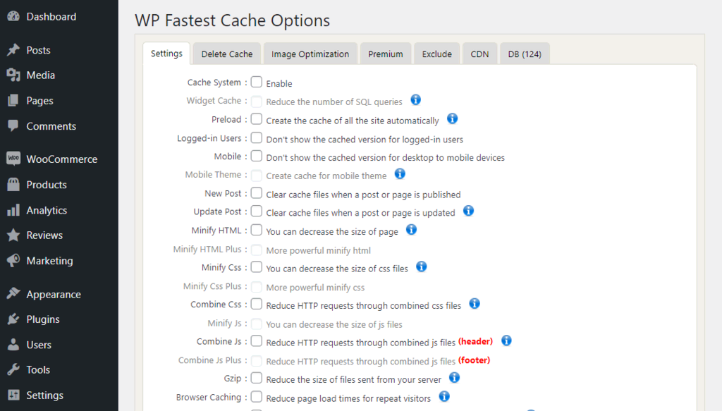 WP Fastest Cache's settings page on the WordPress dashboard, showing the plugin's cache checkboxes
