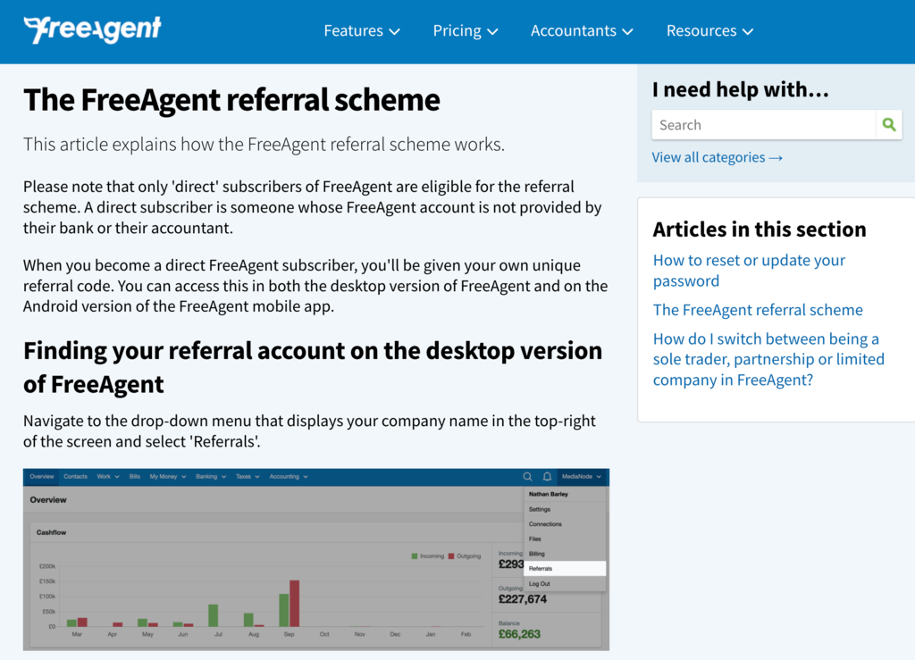 Article on FreeAgent's knowledge base detailing the company's referral scheme