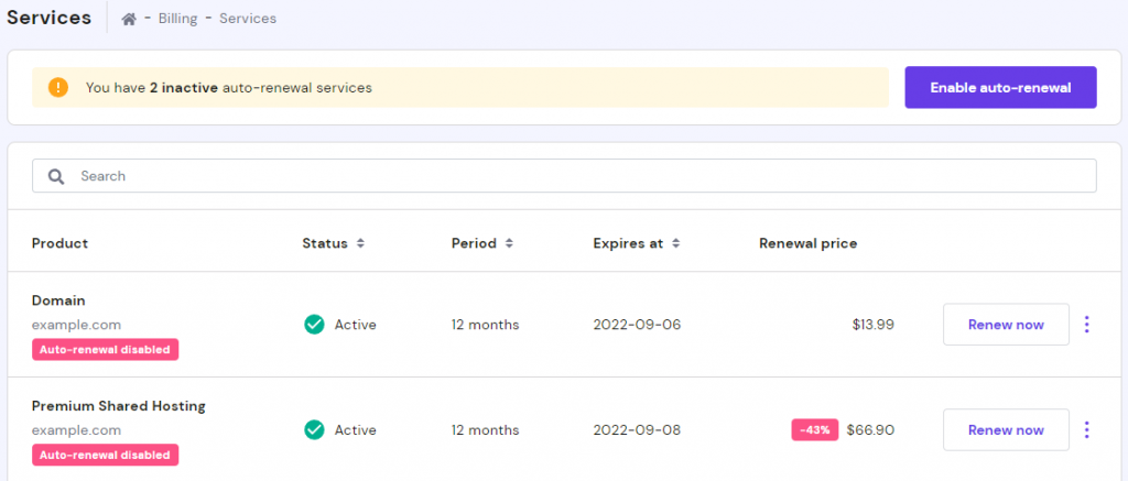 The renew now button in the hPanel's billing services tab