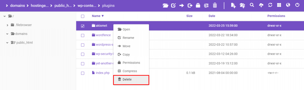 The delete option for the folder on the hPanel dashboard