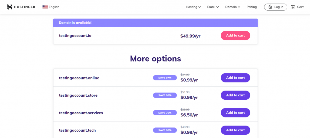 io domain cost compared to other TLDs, like .online, .store, and .services on Hostinger's domain checker page