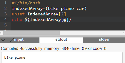 Bash script to show unset command which is used to delete elements from an array