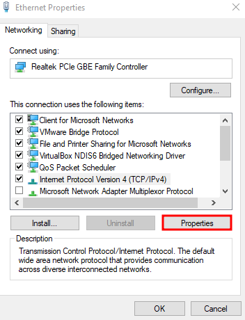 Ethernet properties menu for Windows operating system with "properties" button highlighted
