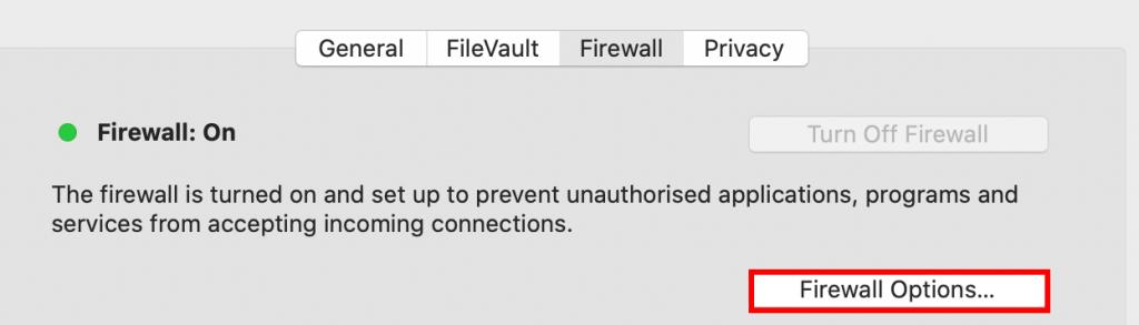 Firewall menu inside of security and privacy on MacOS with "firewall options" button highlighted
