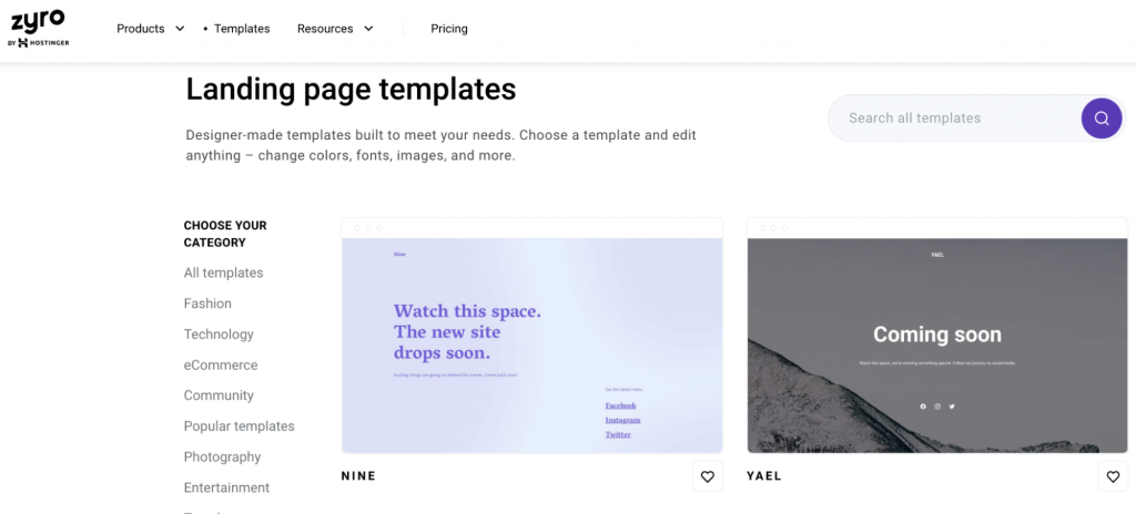 Landing page templates available on Zyro, a drag-and-drop website builder