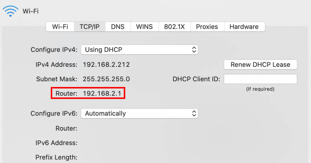 Network window for macOS with router's IP address highlighted