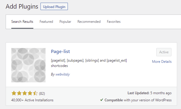 The Add Plugins section featuring the Page-list plugin on the search results