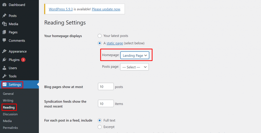 The Reading Settings menu in WordPress that can be used to change your page into a static page