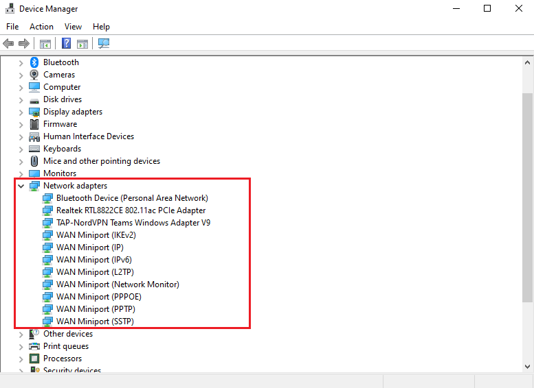 The Windows Device Manager with the list of network adapters highlighted