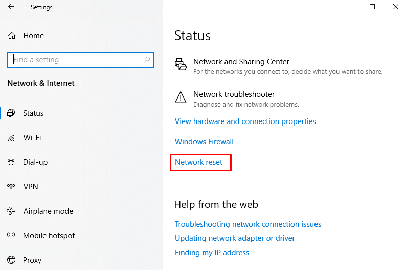 The Windows Network & Internet Status settings with the Network reset option highlighted