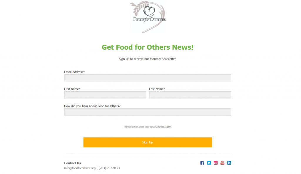 The landing page of the Food for Others site that features a simple design with a contact form