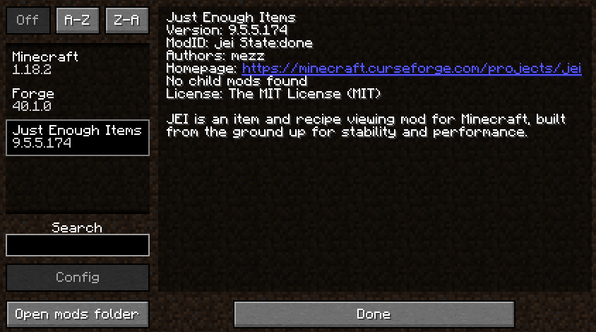 The mods page of Minecraft - Java Edition with the Just Enough Items mod