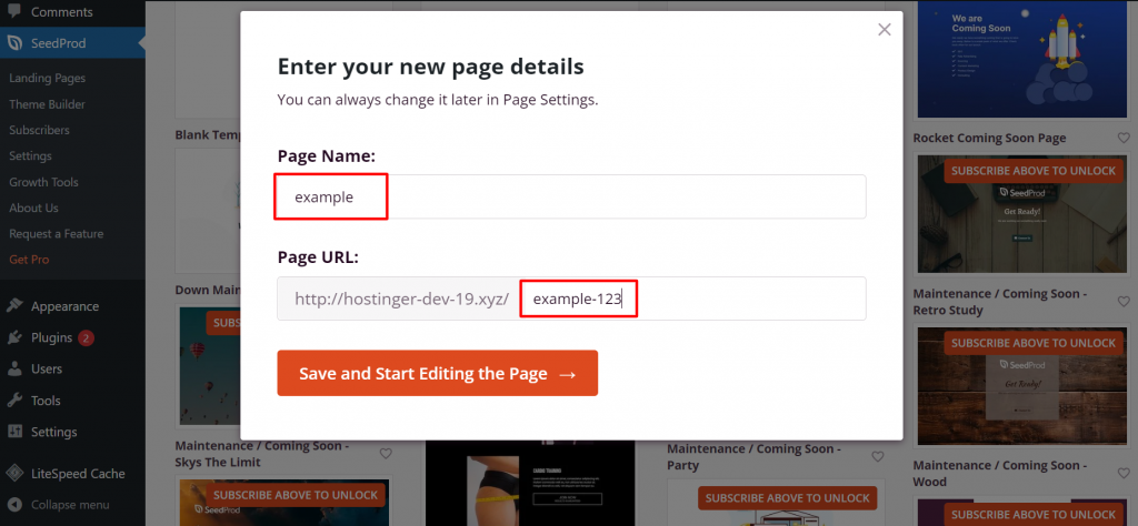 The page details information where you need to enter your page name and its URL
