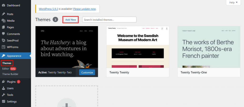 The themes menu of the WordPress dashboard used to add a new theme to your site