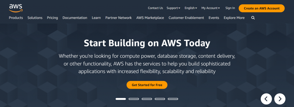 Homepage of Amazon Web Services, the hosting provider that powers Webflow