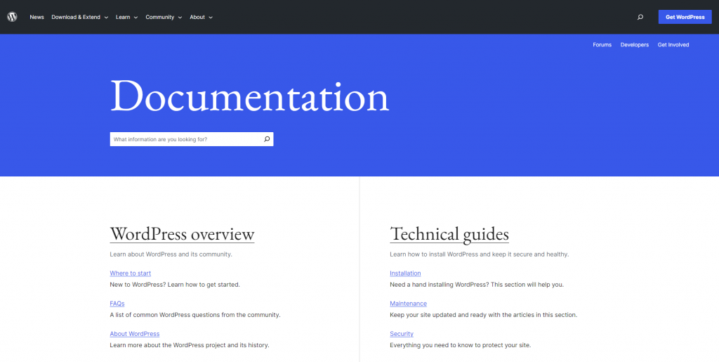 WordPress's documentation page for finding resources to learn WordPress