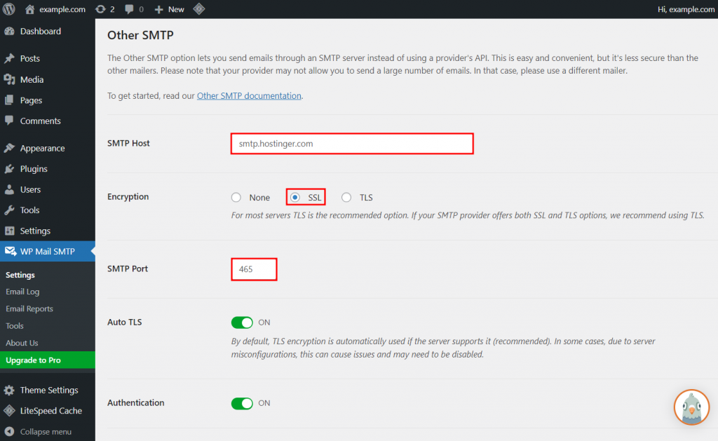 the WP Mail SMTP email client settings on the WordPress dashboard with SMTP Host, Encryption, and SMTP port highlighted