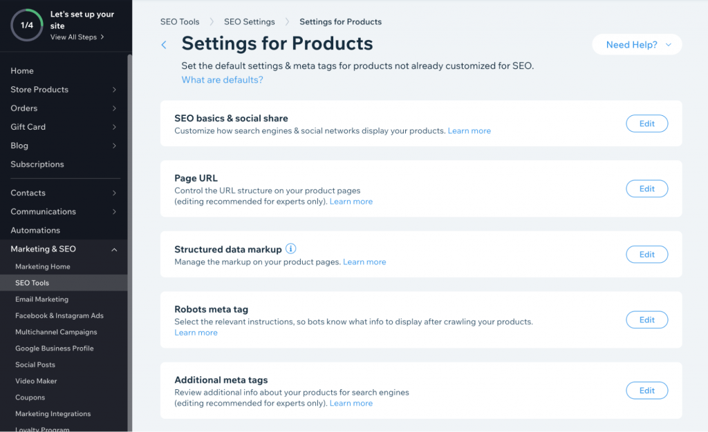 Settings for Products section as found in Wix