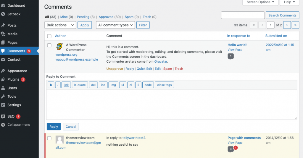 Managing public comments in WordPress