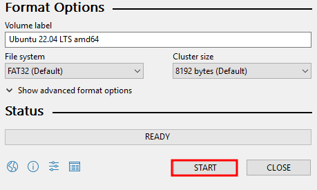 Format Options section on the Rufus program