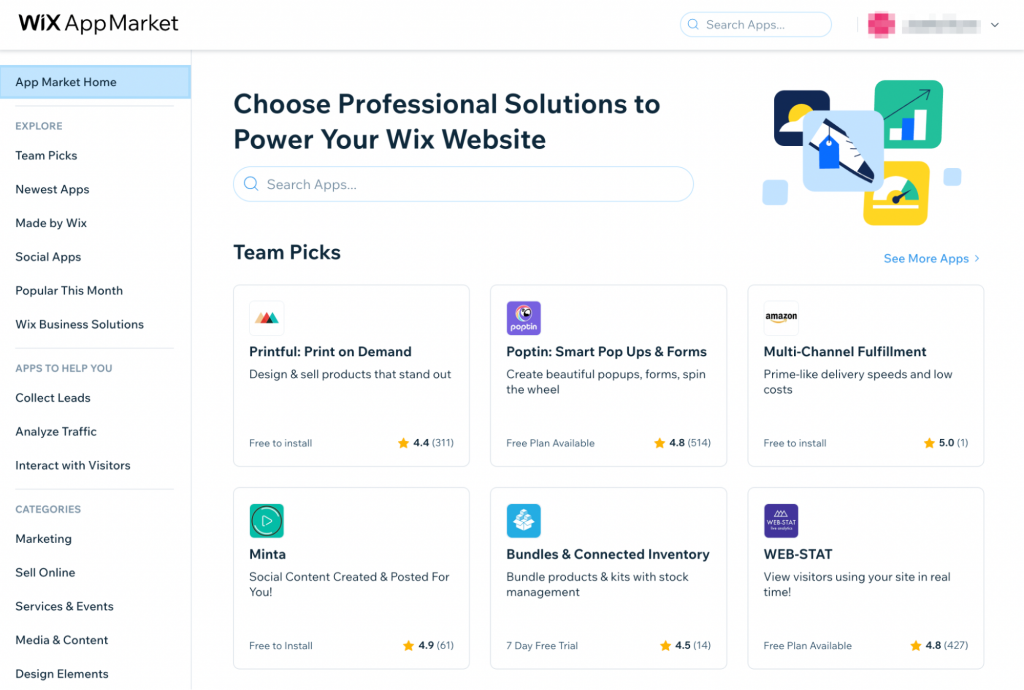 Showcasing available Wix App Market tools