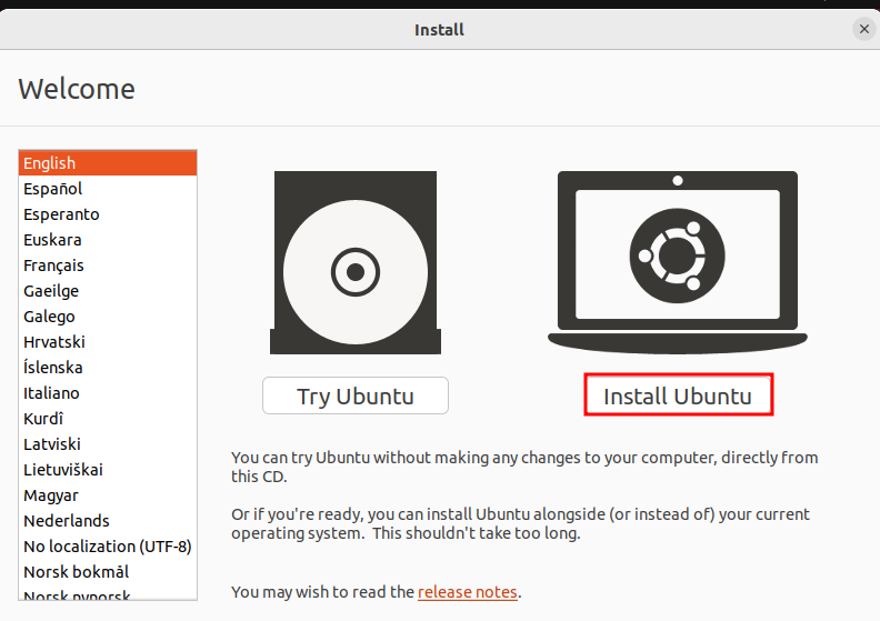 Ubuntu installer step to choose the main language. The red border indicates the button to install Ubuntu
