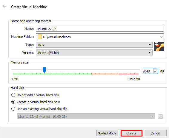 VirtualBox window to specify the virtual machine name and memory size