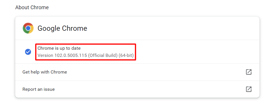 The "Chrome is up to date" notification on Google Chrome Settings