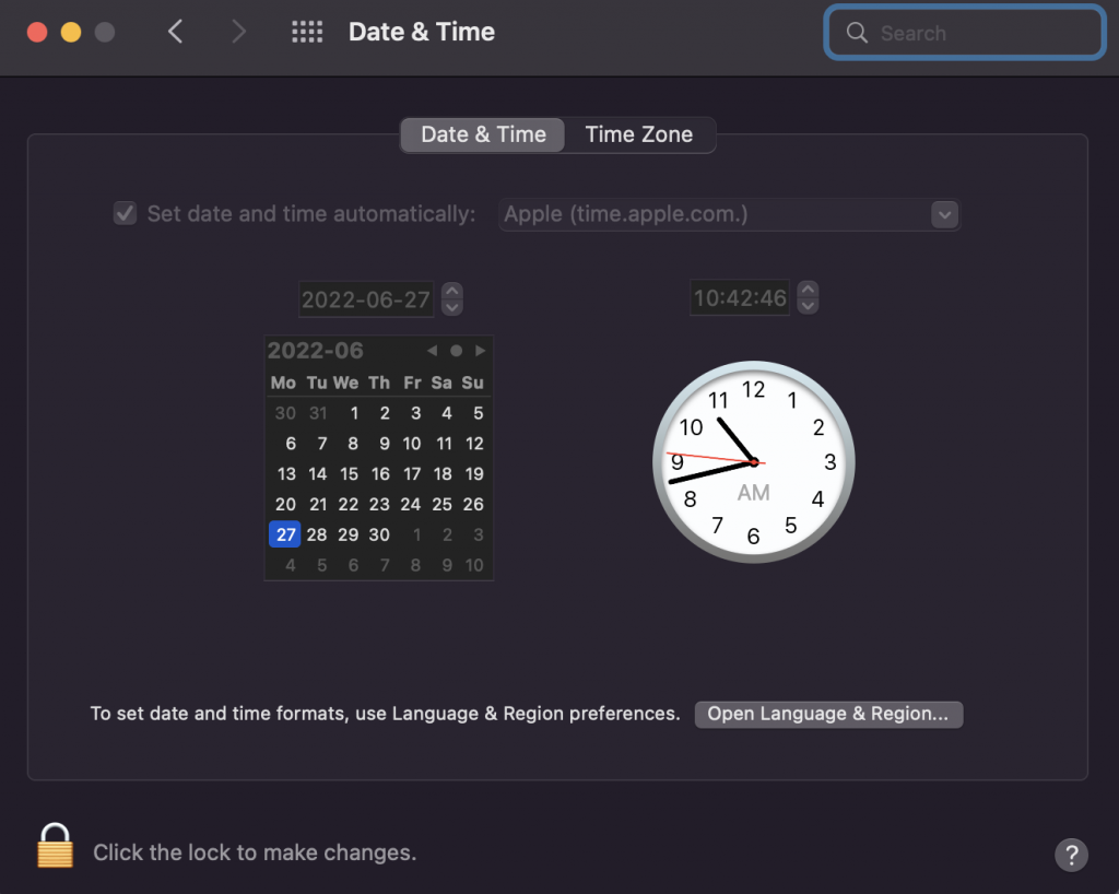 The Date & Time section on macOS