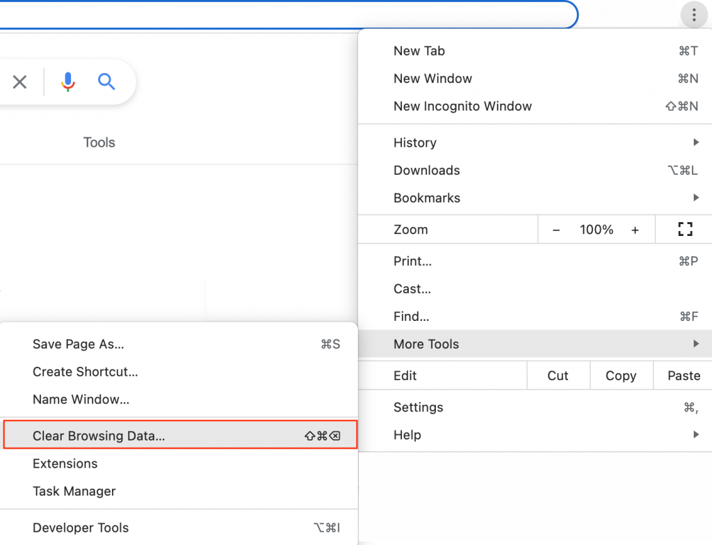 The "clear browsing data" option available on Google Chrome's tools