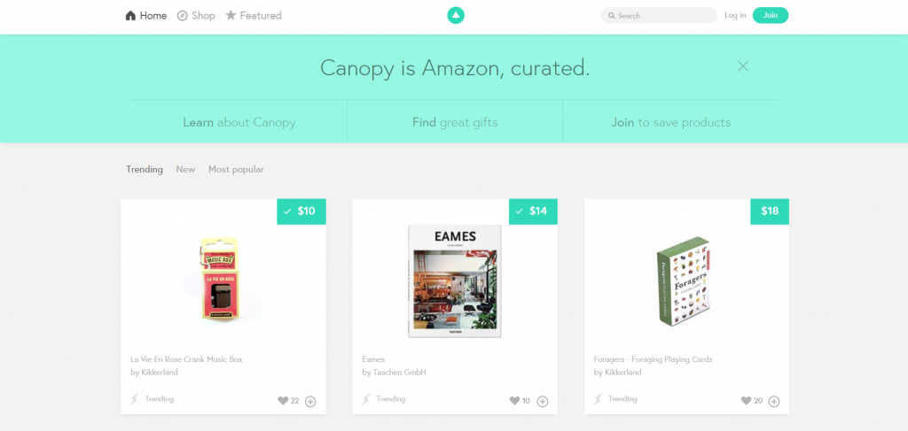 The homepage of Canopy, a retail listings affiliate marketing website