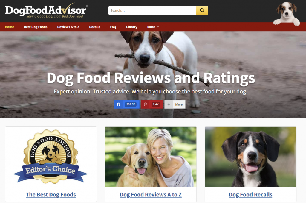 The homepage of Dog Food Advisor, an affiliate marketing website specializing in dog food.