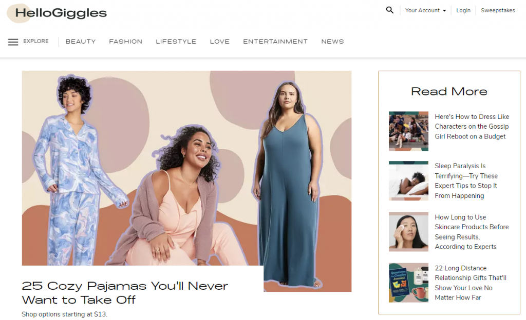 The homepage of HelloGiggles, an online magazine for women.