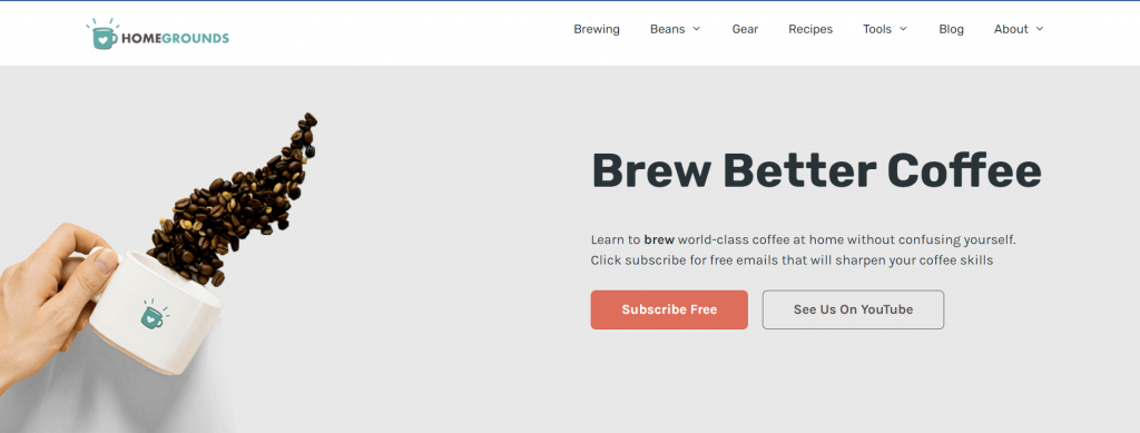 The homepage of Home Grounds, a DIY coffee brewing site.