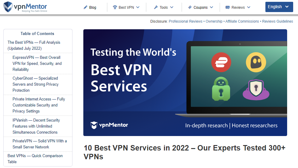 The homepage of VPN Mentor, a VPN comparison site.