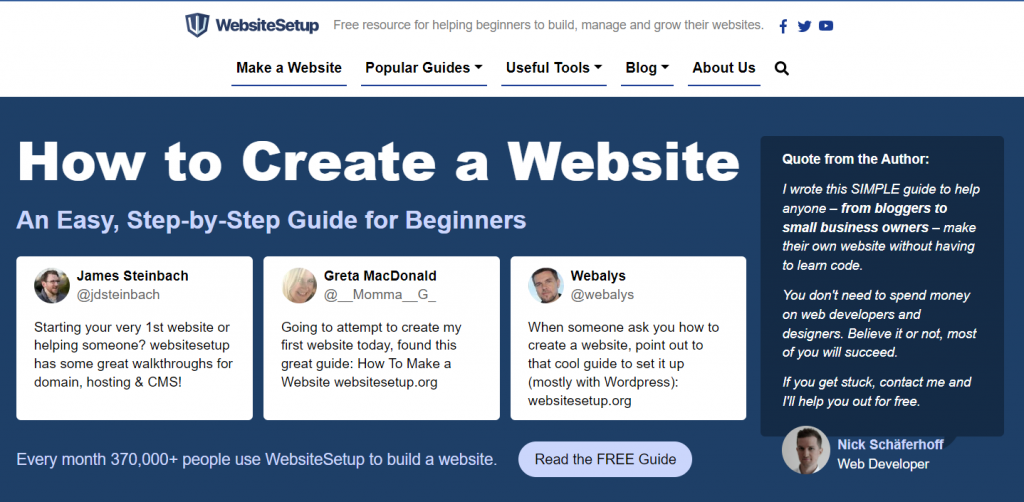 The homepage of Website Setup, a website-making tutorial provider.