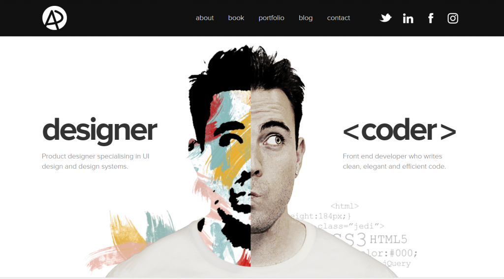 Adham Dannaway's online portfolio shows a caricature of himself at the center with the texts "designer" and "<coder>" on both sides of the page