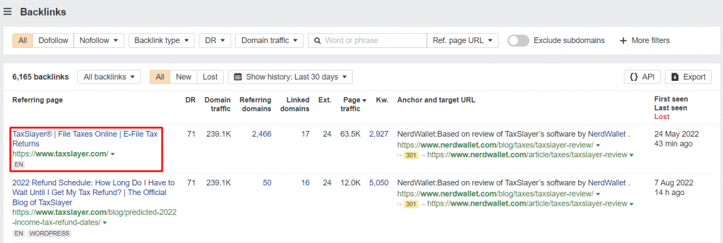 Ahref's backlink analysis of the TaxSlayer review article published on NerdWallet