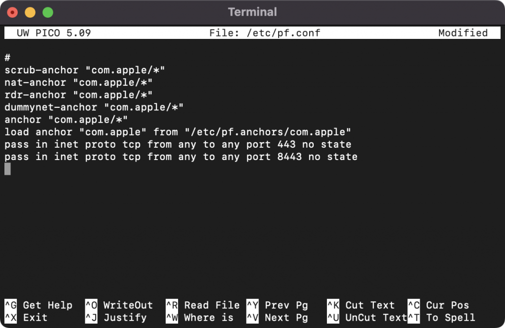 Allowing ports 443 and 8443 on macOS’ Packet Filter using Terminal.