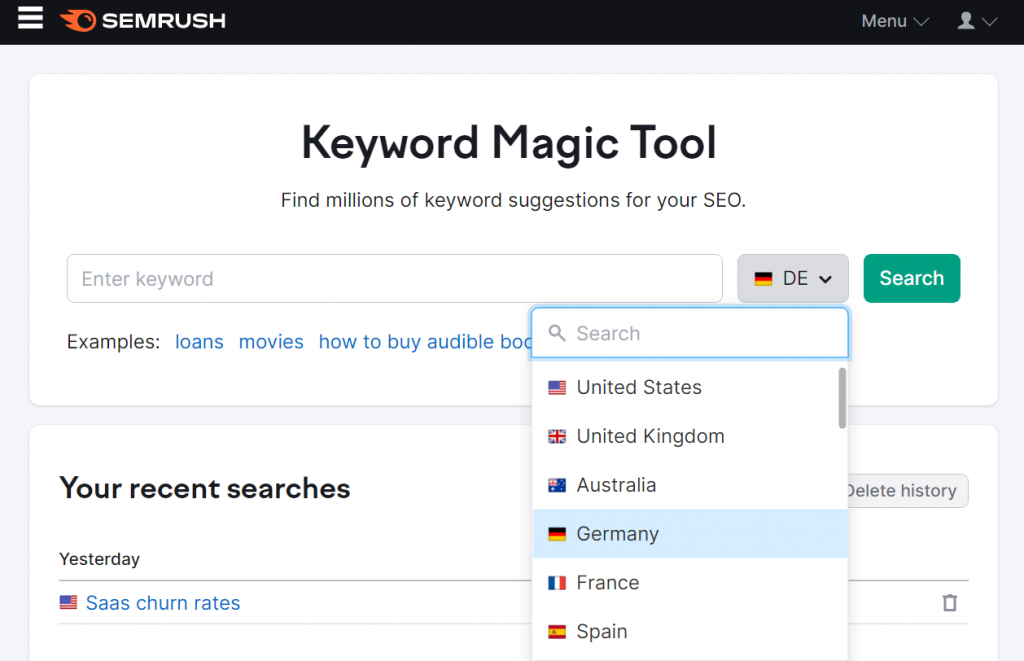 An example of using Semrush to find keyword suggestions for SEO