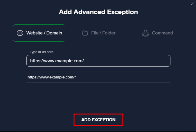 Applying the exception inside the Avast Antivirus application.