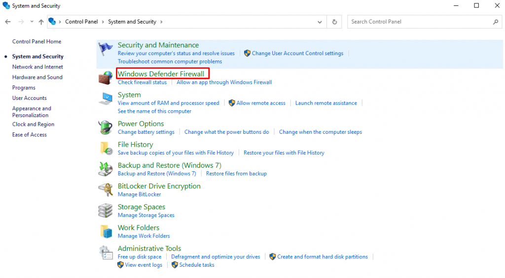 Choosing Windows Defender Firewall on the System and Security interface on Windows.