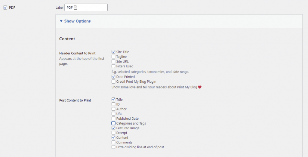 Customizing the Print My Blog plugin settings to print the desired content