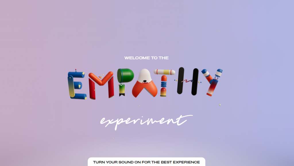 A screenshot of the Empathy Experiment website with a pastel purple gradient and neutral accents color scheme.