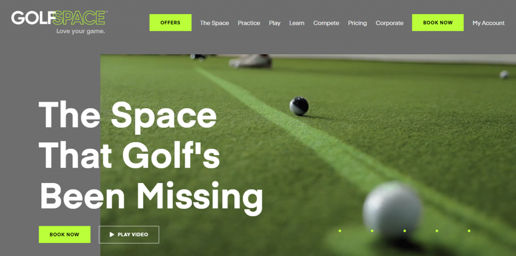 A screenshot of GolfSpace's website with a grey and yellow-green color scheme.