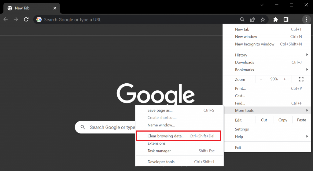 The clear browsing data functionality in Google Chrome's settings drop-down menu
